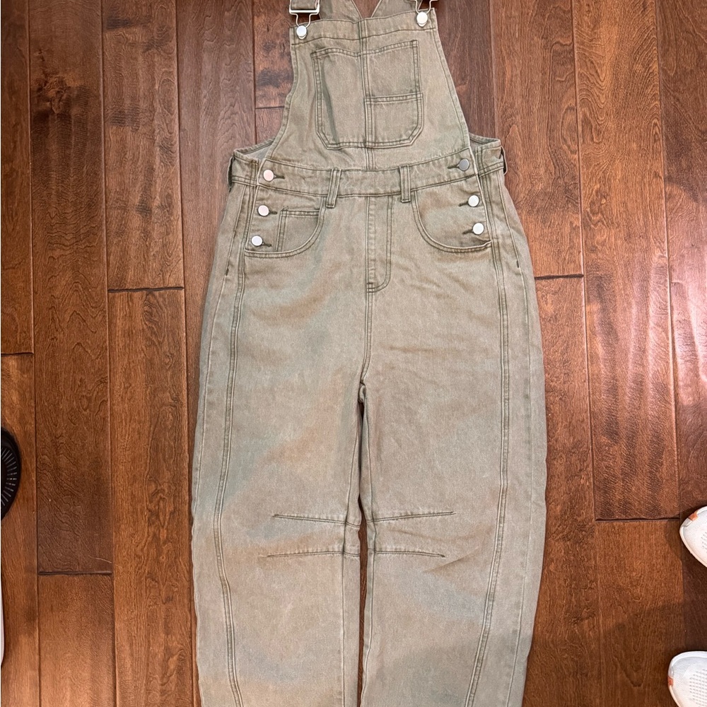 Army green barrel style overalls